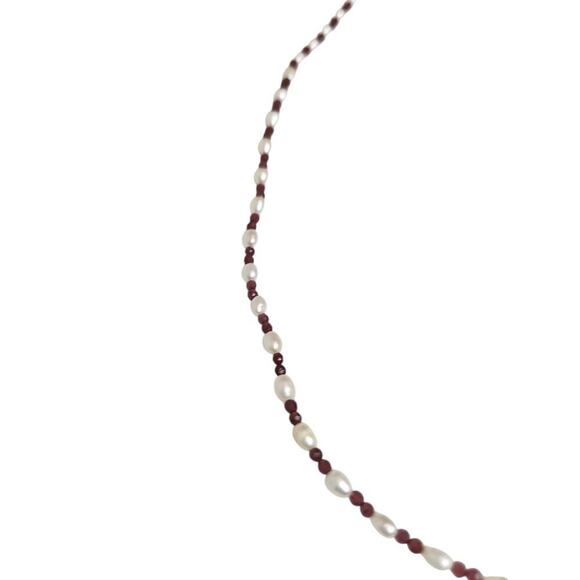 14K Gold Freshwater Pearl Mother Of Pearl Heart Wire Garnet Necklace 10.2" - Picture 6 of 8